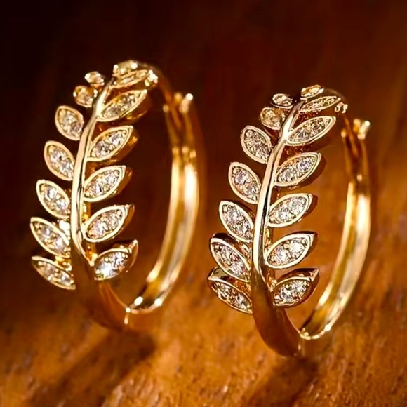 Cubic Zirconia Gold Plated Leaf Hoops - Picture 1 of 5